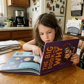 A girl reading The Big Book of Why
